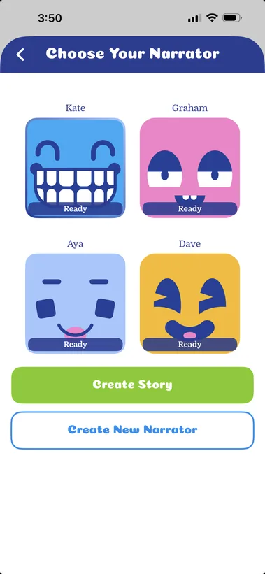 Choose a narrator to read their story in Dreambook’s iPhone layout.