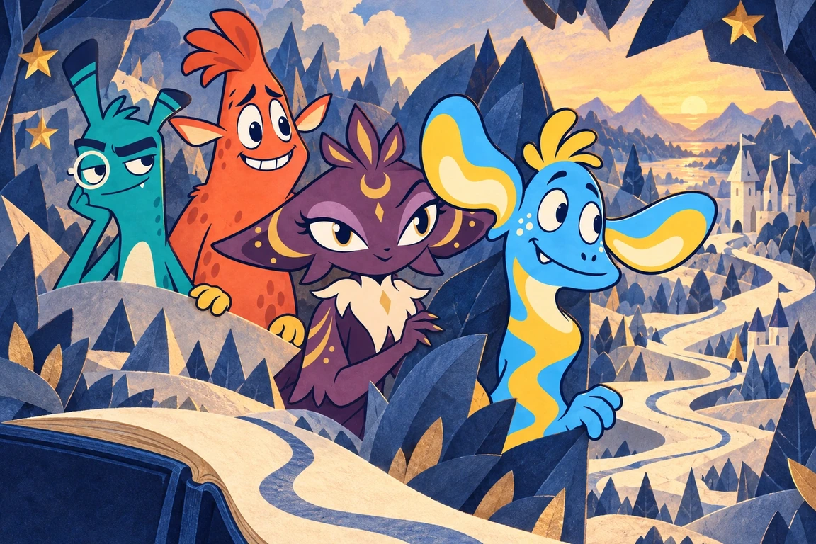 The four Chronicle friends explore a world of folded-paper mountains, trees and a castle unfolding from their book.
