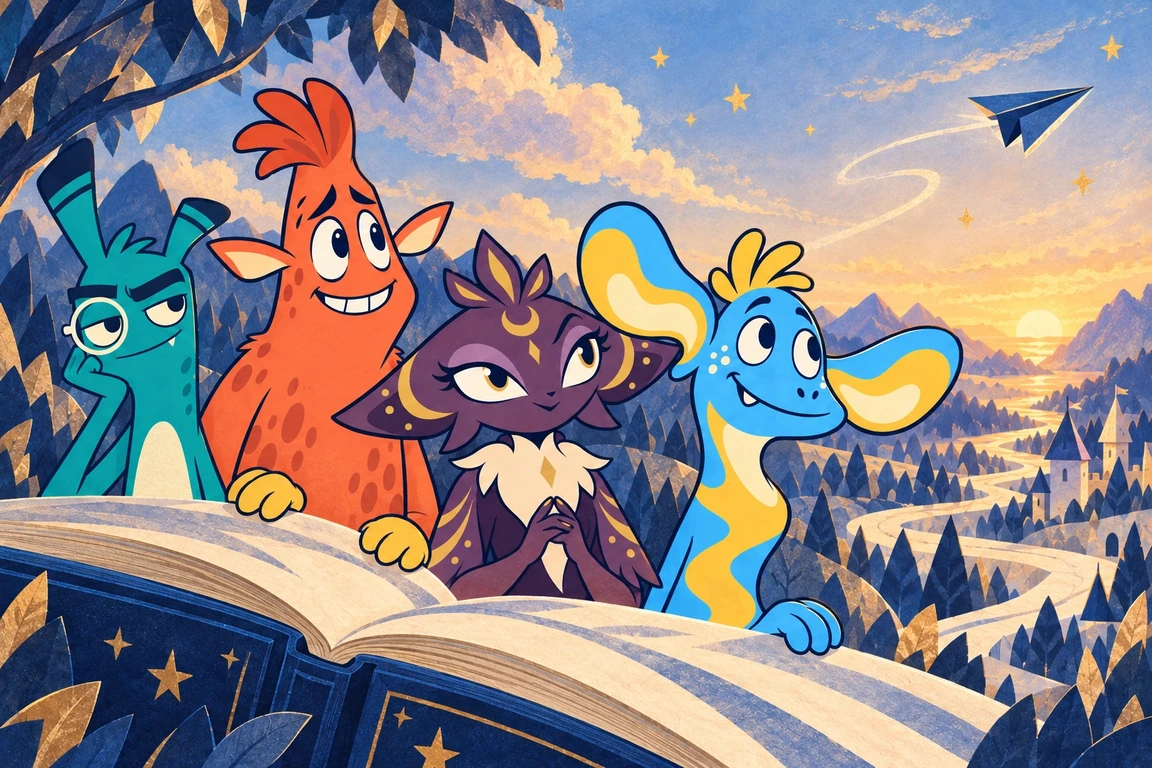 The four Chronicle friends watch a blue paper plane carry their idea beyond an open storybook.
